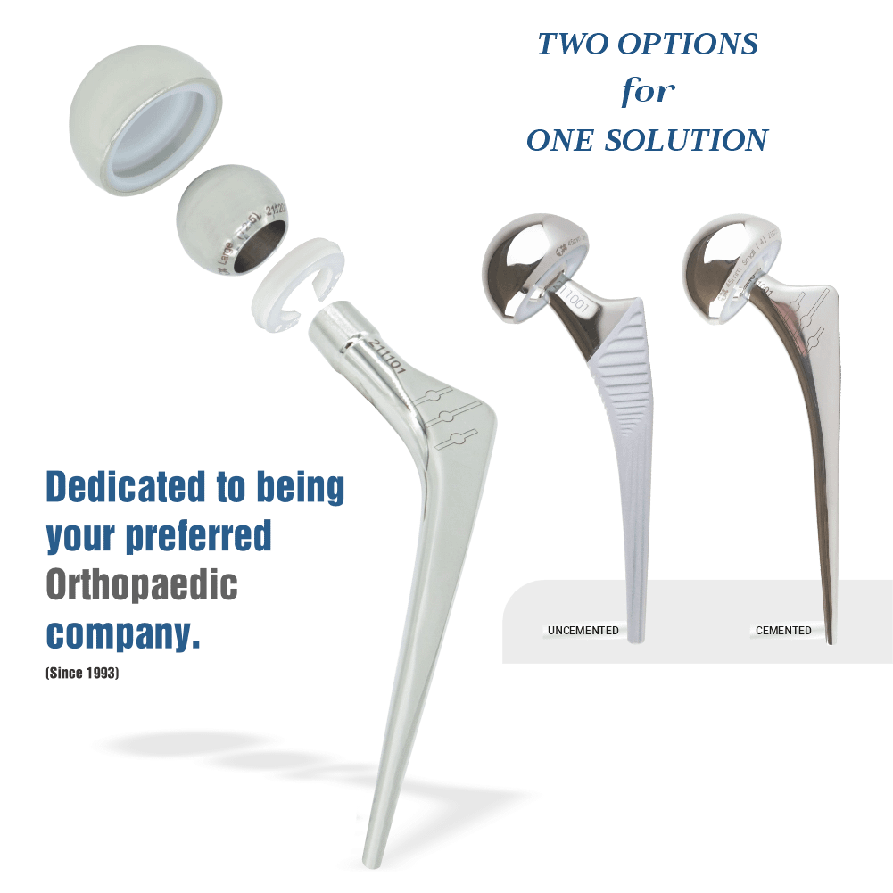 Ortho Max hip prosthesis system with cemented and uncemented femoral stems